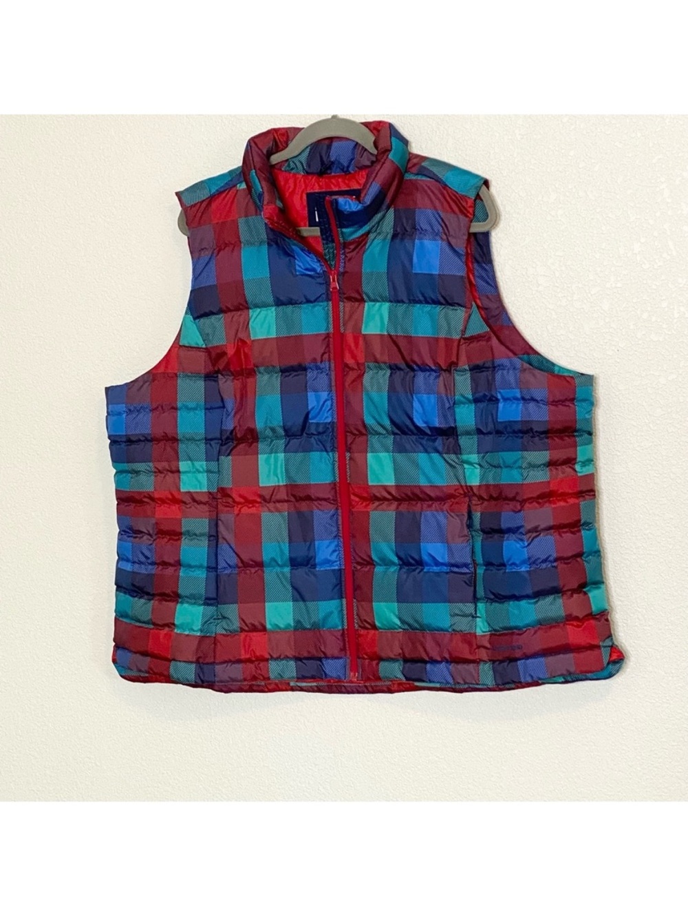 Lands' End Woman’s Quilted Plaid Vest in Red, Blue & Teal 2X
